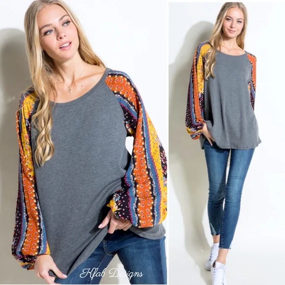 ❤️LAST 1! Boho Floral Mix Puff Sleeve Ribbed Knit Super Soft Top! - Picture 2 of 7